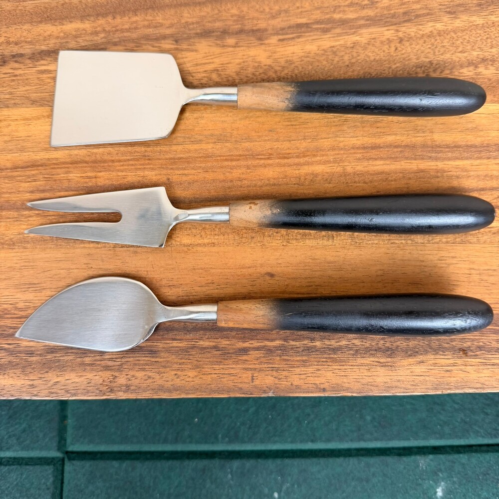 Vintage 3 Piece Mid-Century Modern Charcuterie Cheese Knife Set Wood Handles